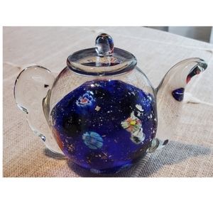 Glass teapot paperweight with beautiful blue and floral scene inside.  EUC